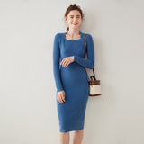 Womens Cashmere Ribbed Knit Midi Dress Long Sleeve Square Neck Dress