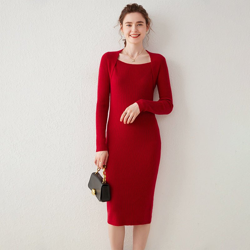 Womens Cashmere Ribbed Knit Midi Dress Long Sleeve Square Neck Dress