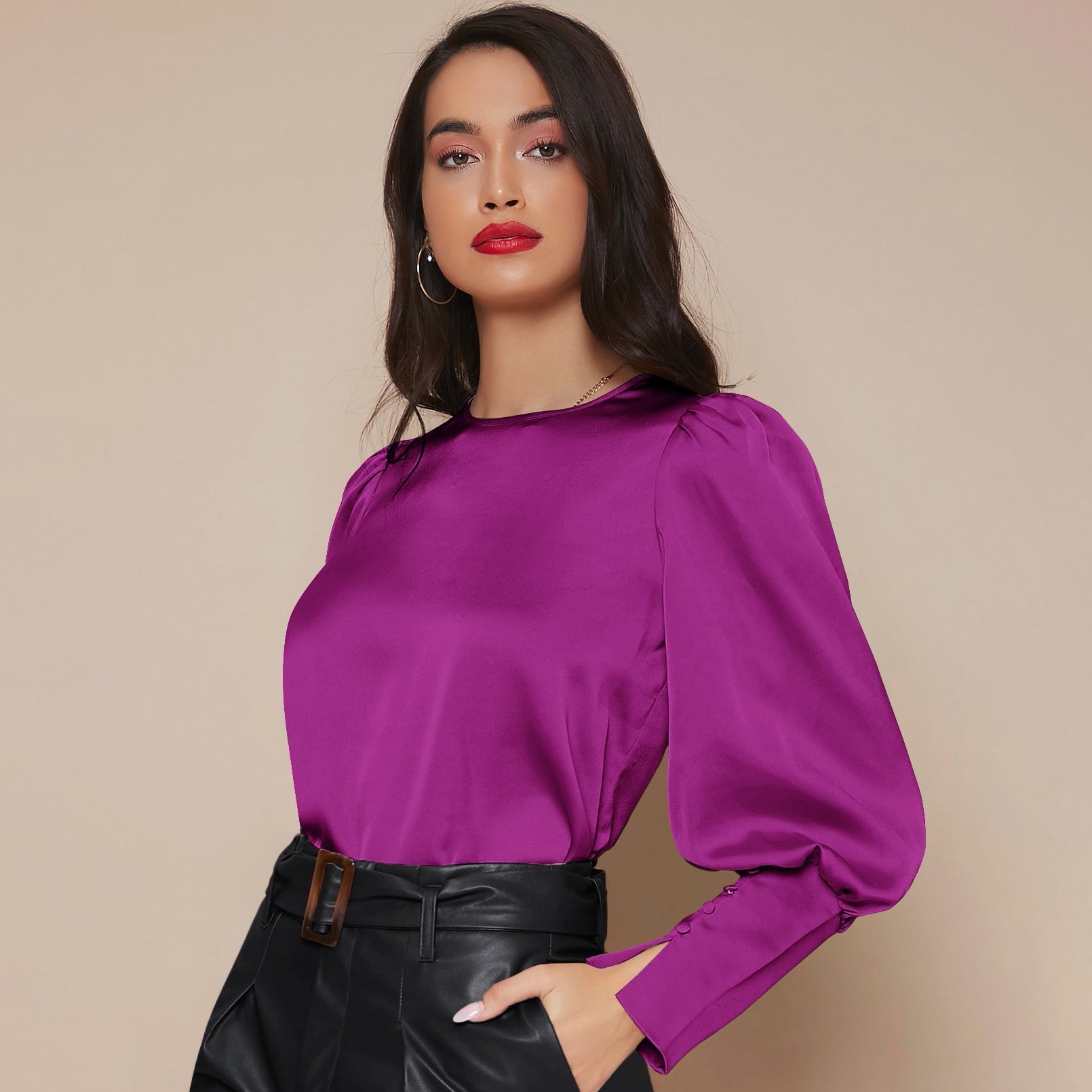 Women's Lantern Sleeve Silk Top Luxury 22mm Mulberry Long Sleeves Silk Shirt - slipintosoft