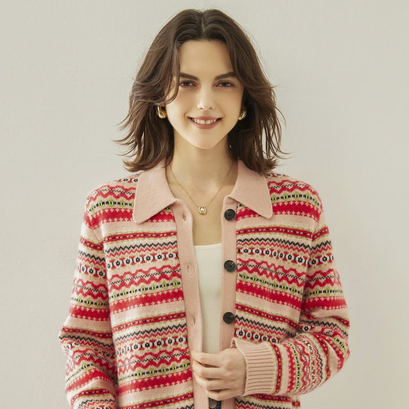 Womens Fair Isle Knit Cashmere Cardigan Contrast Collar Lapel Coat