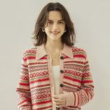 Womens Fair Isle Knit Cashmere Cardigan Contrast Collar Lapel Coat