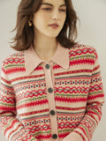 Womens Fair Isle Knit Cashmere Cardigan Contrast Collar Lapel Coat