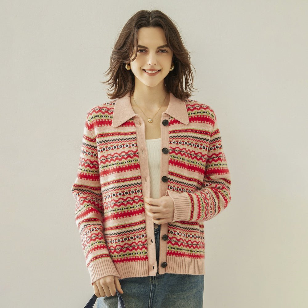 Womens Fair Isle Knit Cashmere Cardigan Contrast Collar Lapel Coat