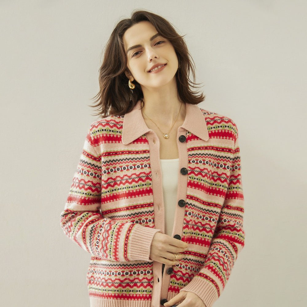 Womens Fair Isle Knit Cashmere Cardigan Contrast Collar Lapel Coat