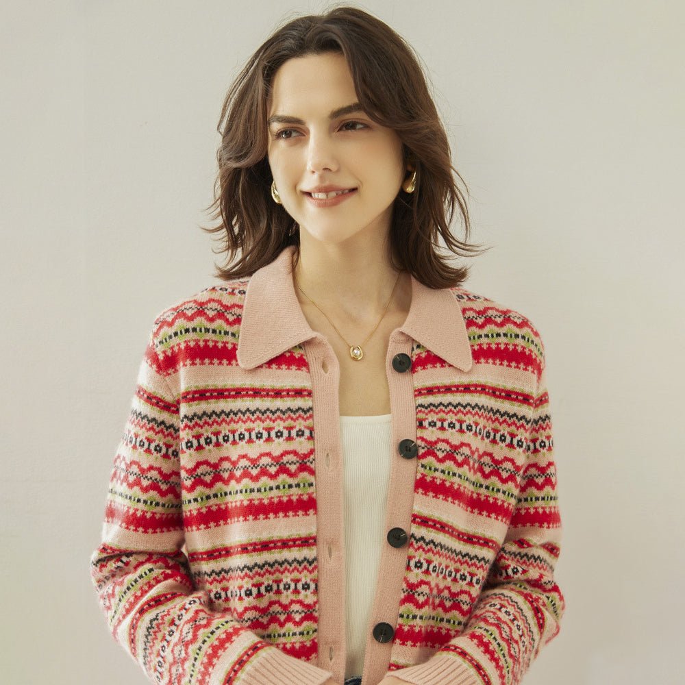 Womens Fair Isle Knit Cashmere Cardigan Contrast Collar Lapel Coat