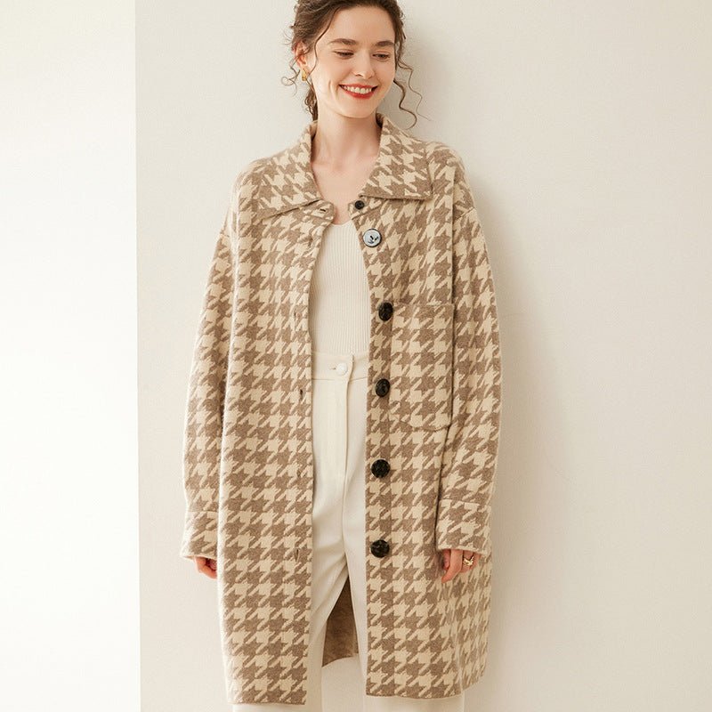 Lady Houndstooth Cashmere Cardigan Button Closure Lapel Cashmere Coat