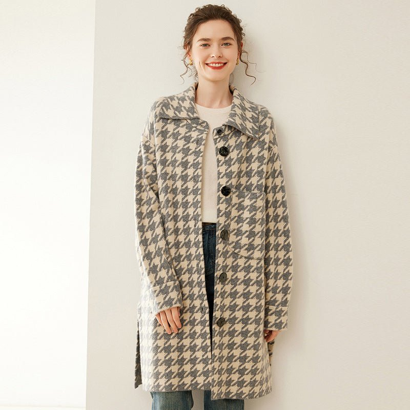 Lady Houndstooth Cashmere Cardigan Button Closure Lapel Cashmere Coat