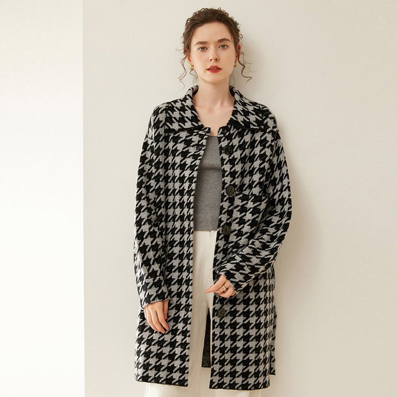 Lady Houndstooth Cashmere Cardigan Button Closure Lapel Cashmere Coat