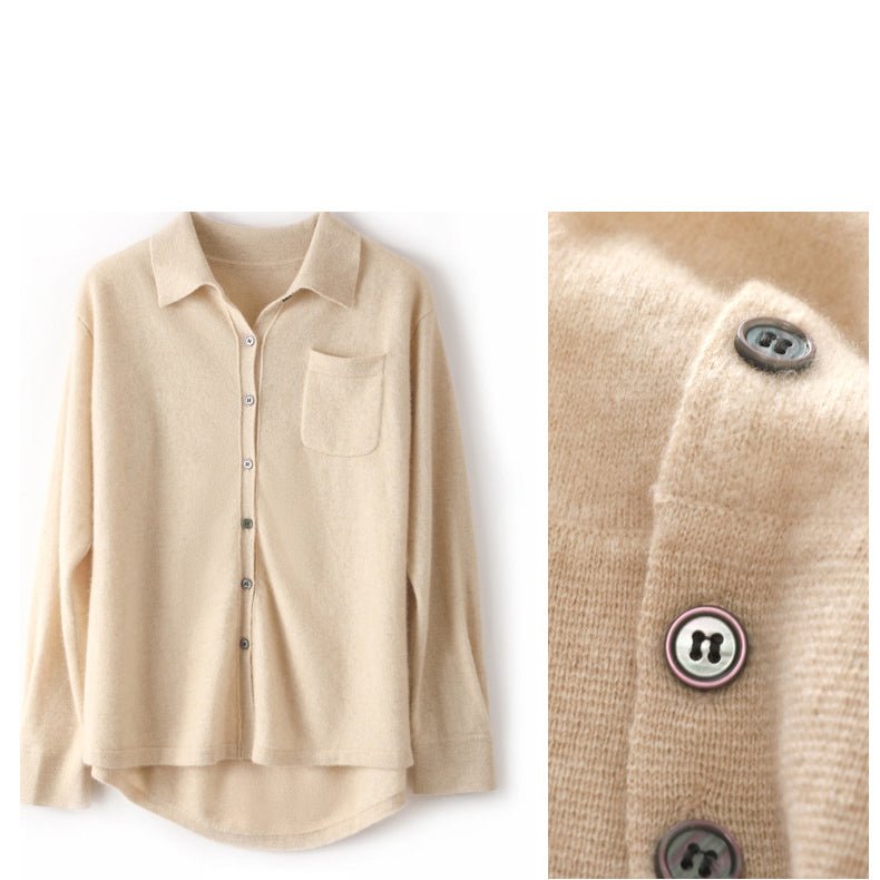 Womens Button - Up Cashmere Shirt Chest Pocket Lapel Neck Cashmere Coat