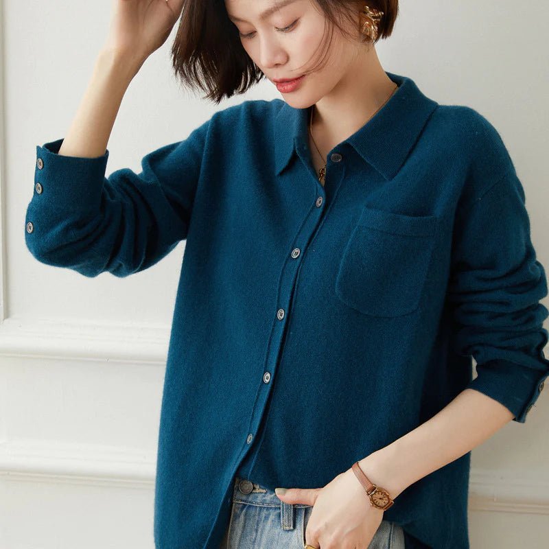 Womens Button - Up Cashmere Shirt Chest Pocket Lapel Neck Cashmere Coat