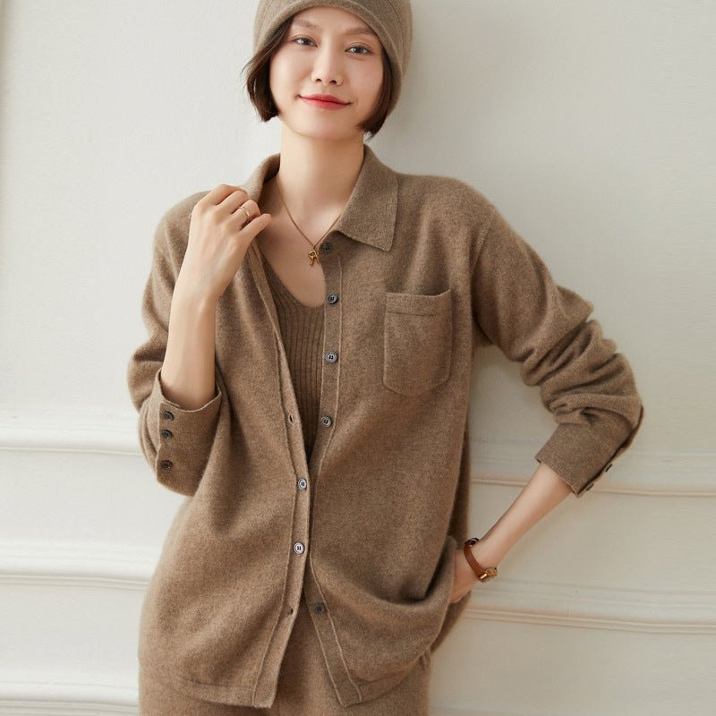 Womens Button - Up Cashmere Shirt Chest Pocket Lapel Neck Cashmere Coat