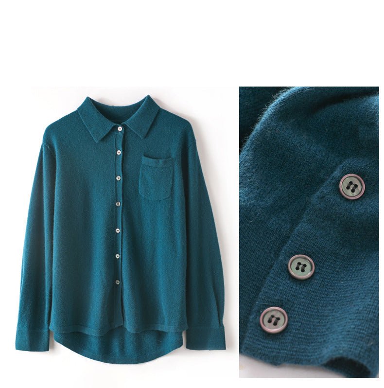 Womens Button - Up Cashmere Shirt Chest Pocket Lapel Neck Cashmere Coat