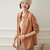 Womens Button - Up Cashmere Shirt Chest Pocket Lapel Neck Cashmere Coat