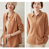 Womens Button - Up Cashmere Shirt Chest Pocket Lapel Neck Cashmere Coat