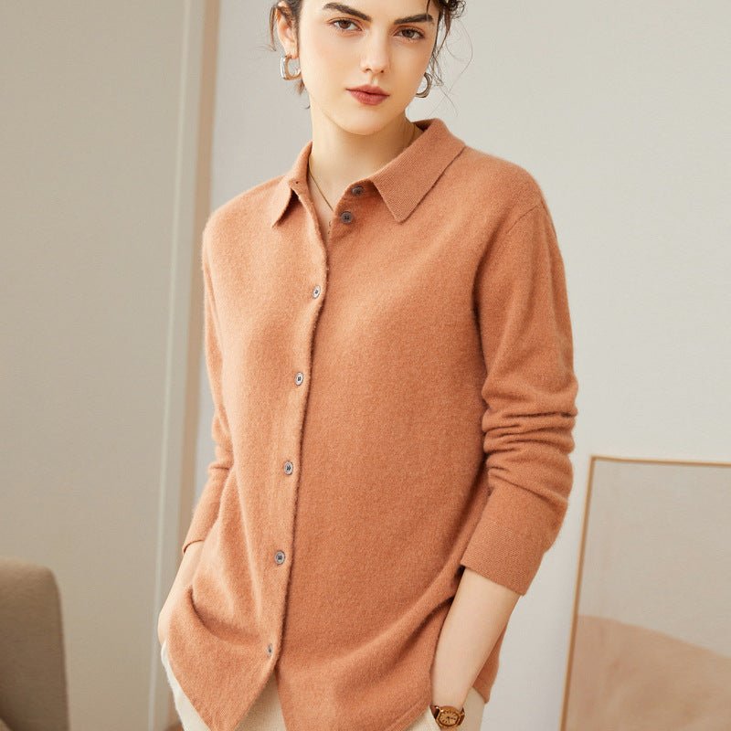 Lady Long Sleeve Button - Up Cashmere Shirt Cardigan Lapel Cashmere Coat