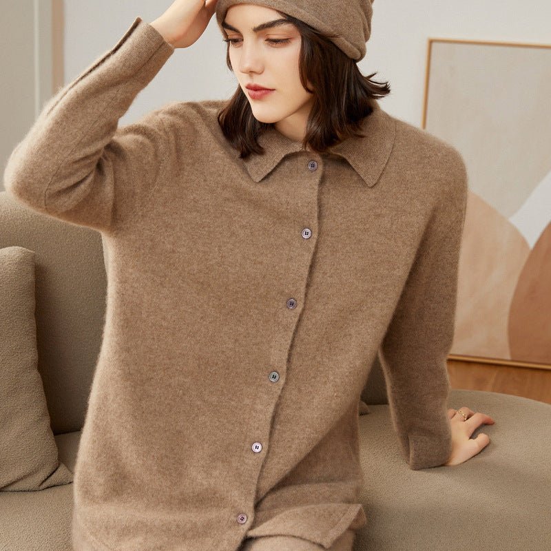 Lady Long Sleeve Button - Up Cashmere Shirt Cardigan Lapel Cashmere Coat