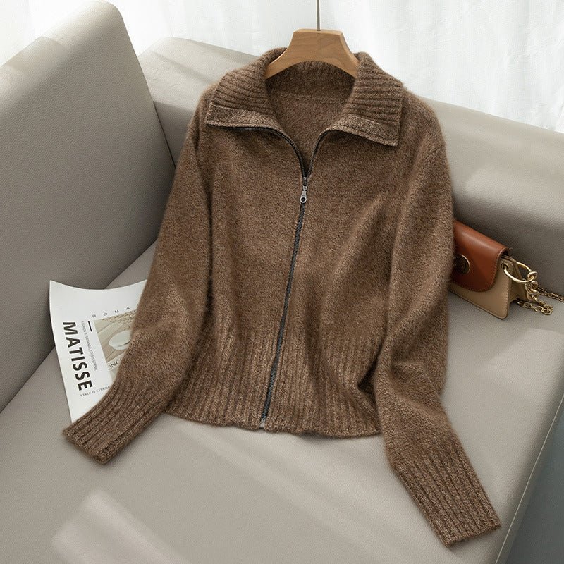 Womens Zip - Up Cashmere Knit Cardigan Fold - Over Collar Lapel Jacket