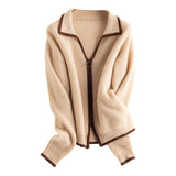 Womens Contrast Trim Full Zip - Up Cashmere Cardigan Lapel Cashmere Coat