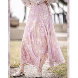 Womens Lavender Floral Silk Maxi Skirt Asymmetric Hem