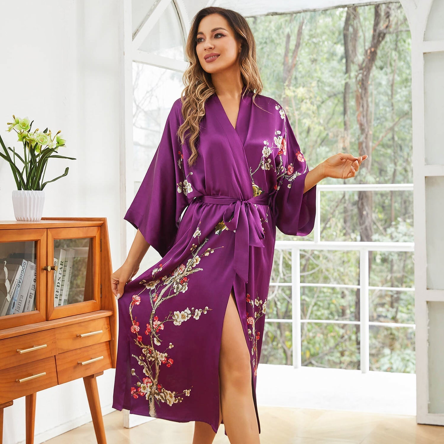 Women's Long Cherry Blossom Print Silk Kimono Robes Pure Silk Bathrobe