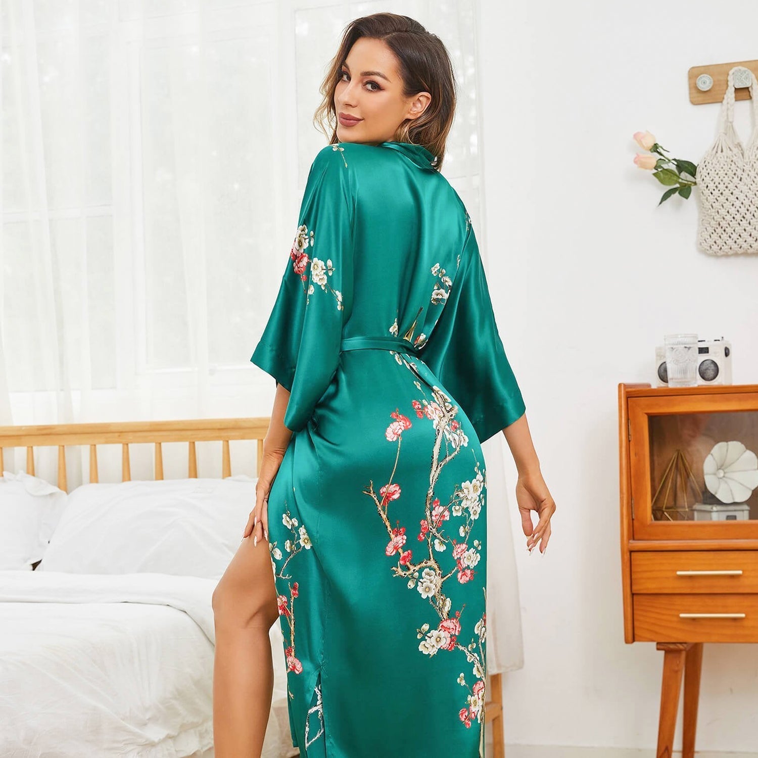 Women's Long Cherry Blossom Print Silk Kimono Robes Pure Silk Bathrobe