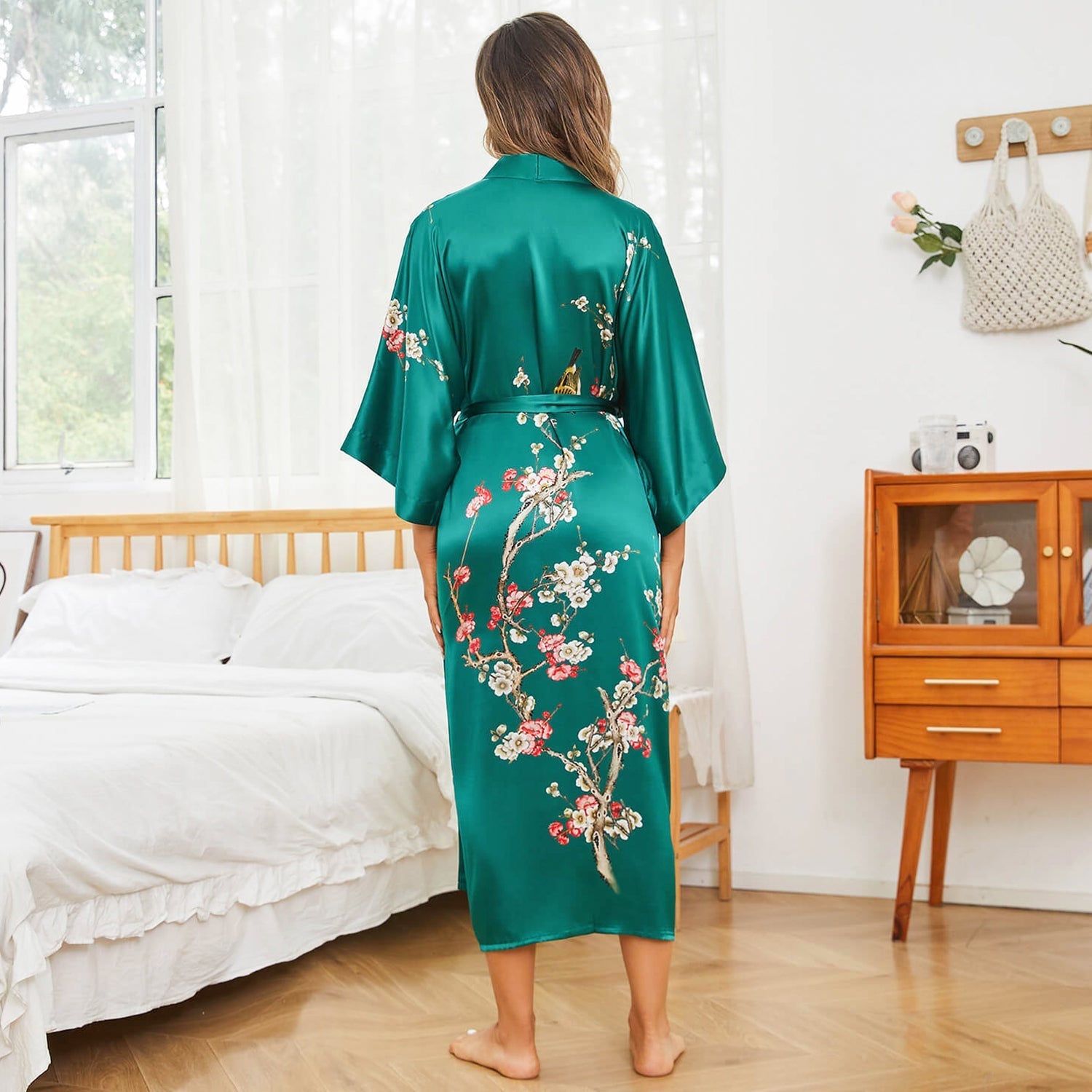 Women's Long Cherry Blossom Print Silk Kimono Robes Pure Silk Bathrobe