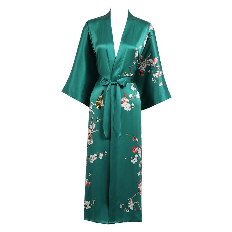 Women's Long Cherry Blossom Print Silk Kimono Robes Pure Silk Bathrobe