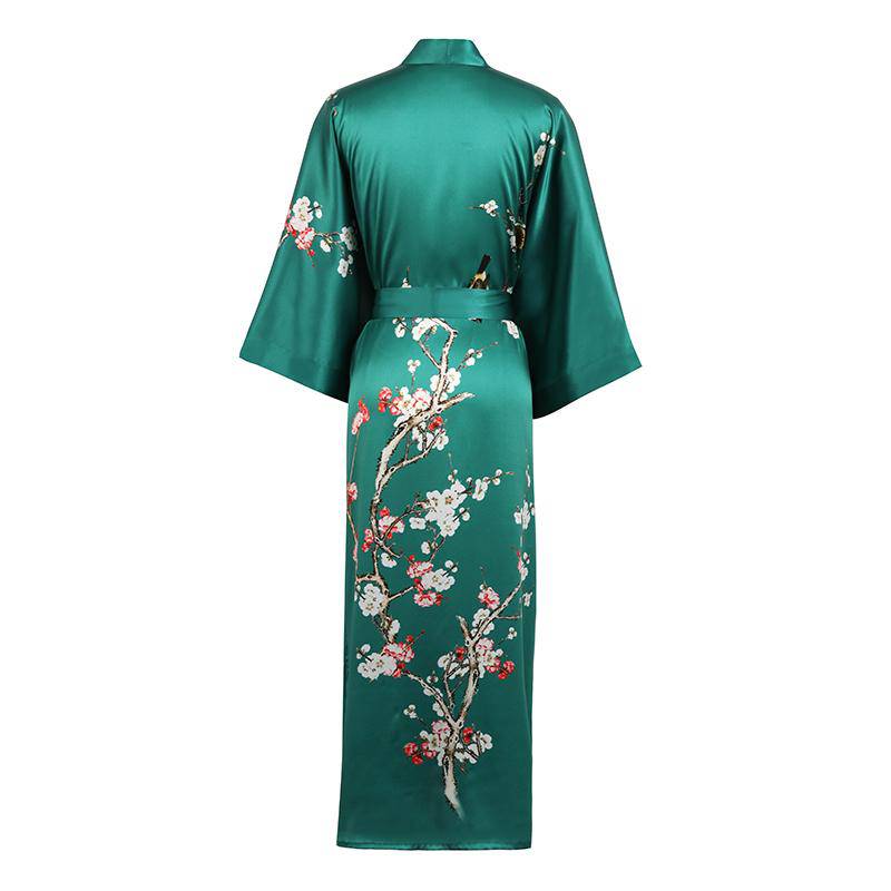 Women's Long Cherry Blossom Print Silk Kimono Robes Pure Silk Bathrobe