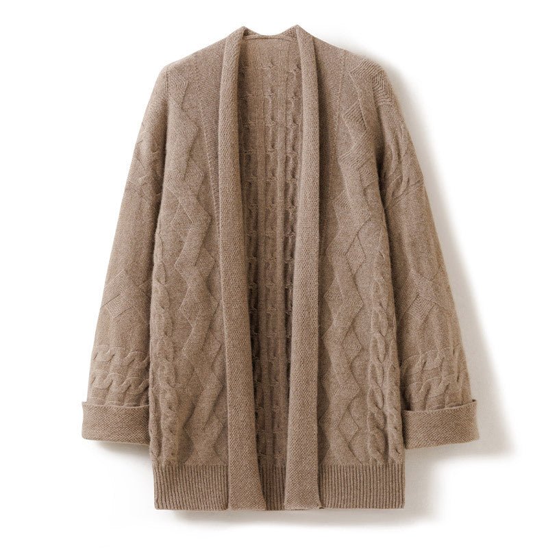 Womens Cozy Cable - Knit Open - Front Cashmere Cardigan Long Cashmere Coat