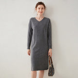 Womens Cashmere Knit Midi Dress Long Sleeve V Neck Straight - cut Dress