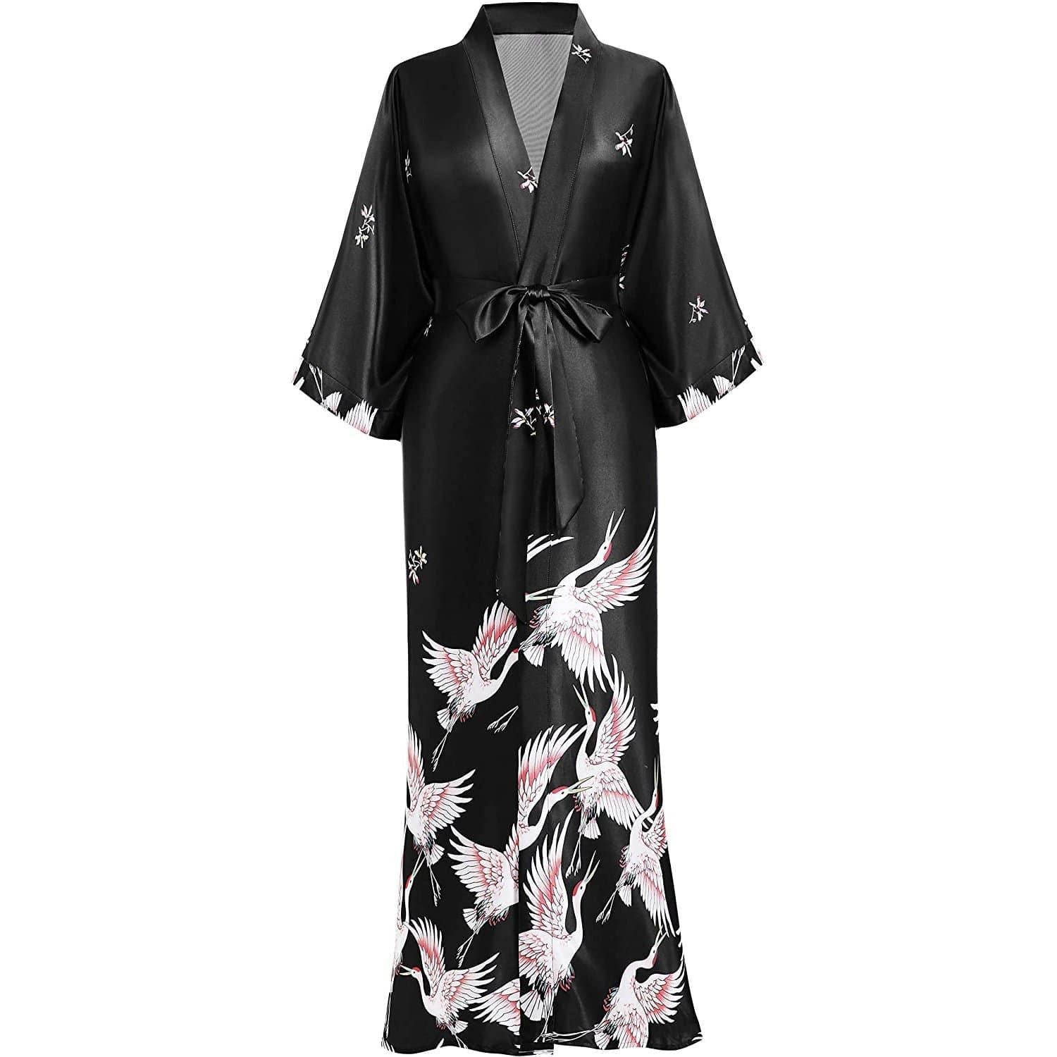 Womens Long Crane Prints Pure Silk Kimono Robes