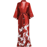 Womens Long Crane Prints Pure Silk Kimono Robes