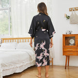 Womens Long Crane Prints Pure Silk Kimono Robes