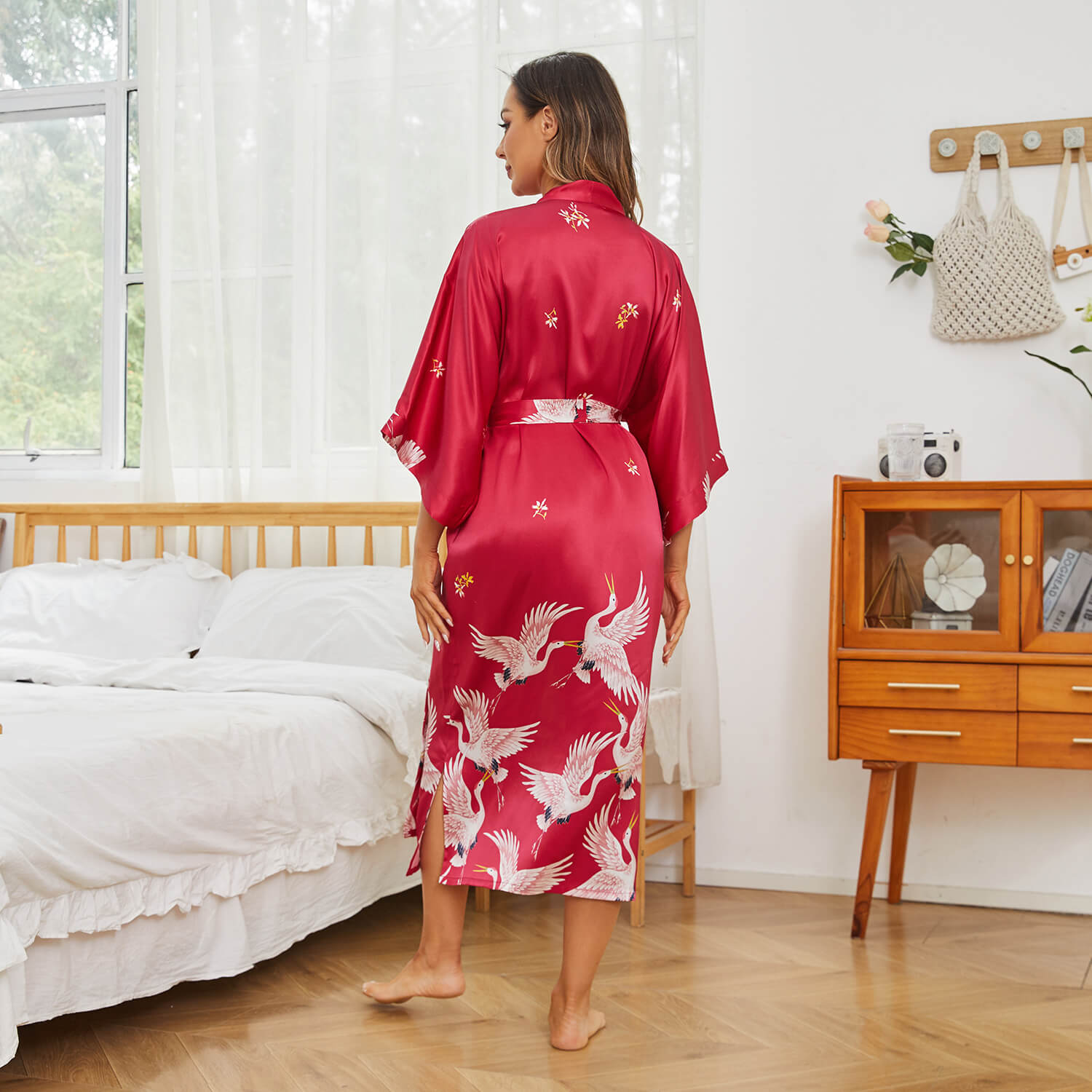 Womens Long Crane Prints Pure Silk Kimono Robes