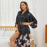 Long Silk Kimono Robe with Belt Crane Prints Women's Silk Robe - slipintosoft