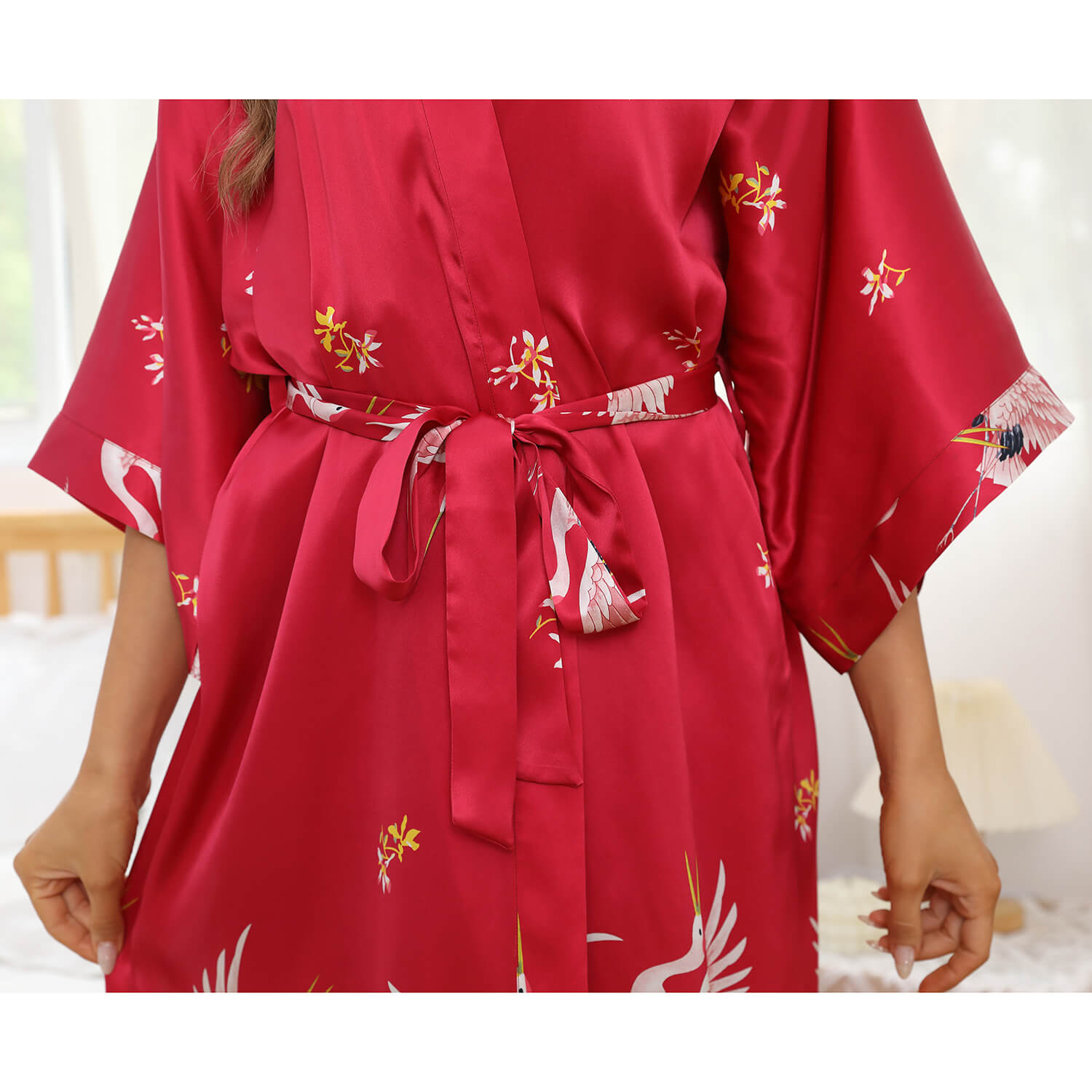 Womens Long Crane Print Silk Robes Mulberry Silk Kimono