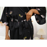 Womens Long Crane Print Silk Robes Mulberry Silk Kimono