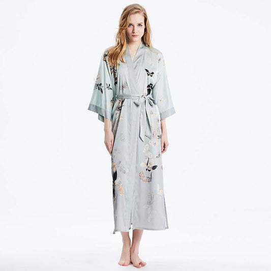 Womens Floral Silk Kimono Robes Butterfly Print Silk Robe