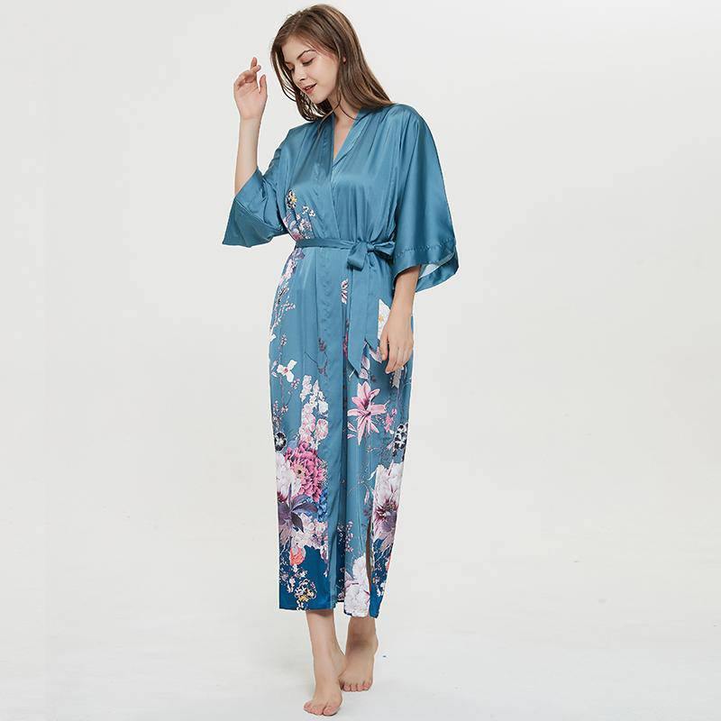 Women's 100% Silk Kimono Robe Blue Floral Printed 3/4 Sleeves Japanese Bath Robes All Sizes - slipintosoft