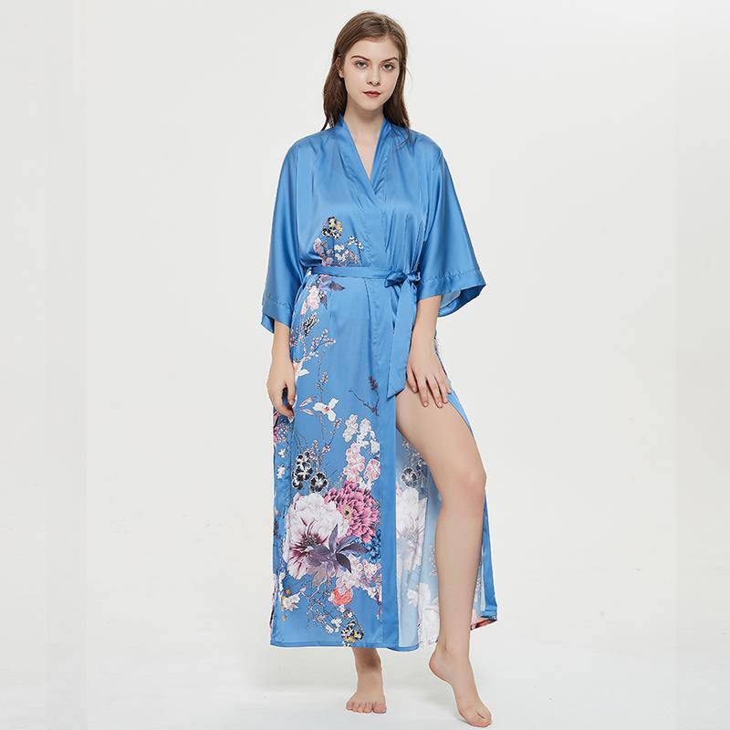 Women's 100% Silk Kimono Robe Blue Floral Printed 3/4 Sleeves Japanese Bath Robes All Sizes - slipintosoft