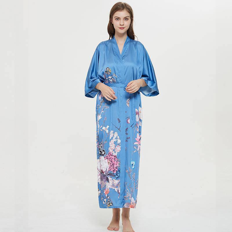 Women's 100% Silk Kimono Robe Blue Floral Printed 3/4 Sleeves Japanese Bath Robes All Sizes - slipintosoft