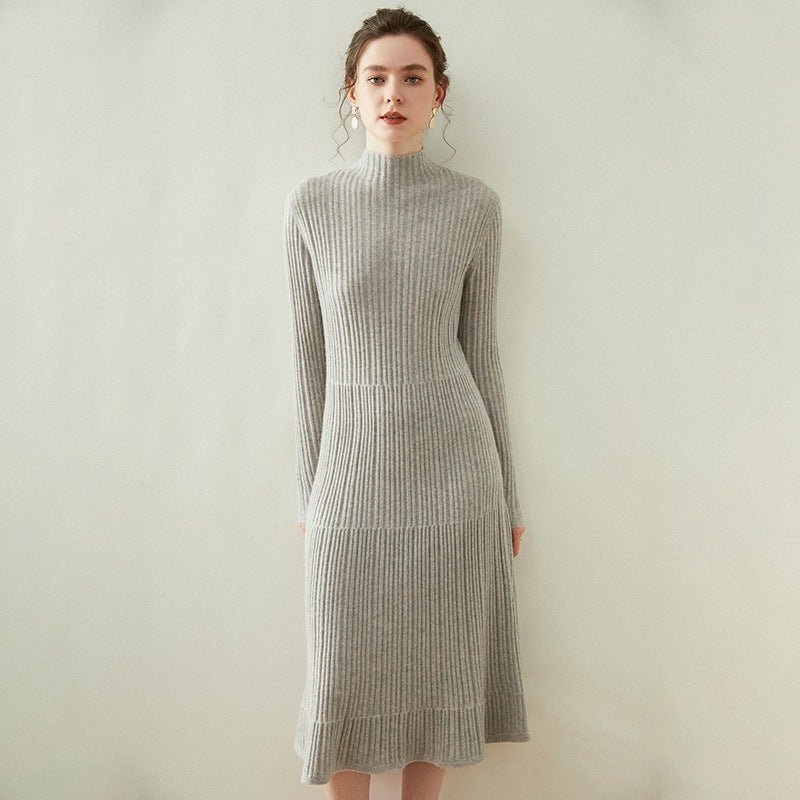 Womens Mock Neck Long Sleeve Ribbed Knit Cashmere Midi Dress