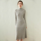 Womens Mock Neck Long Sleeve Ribbed Knit Cashmere Midi Dress