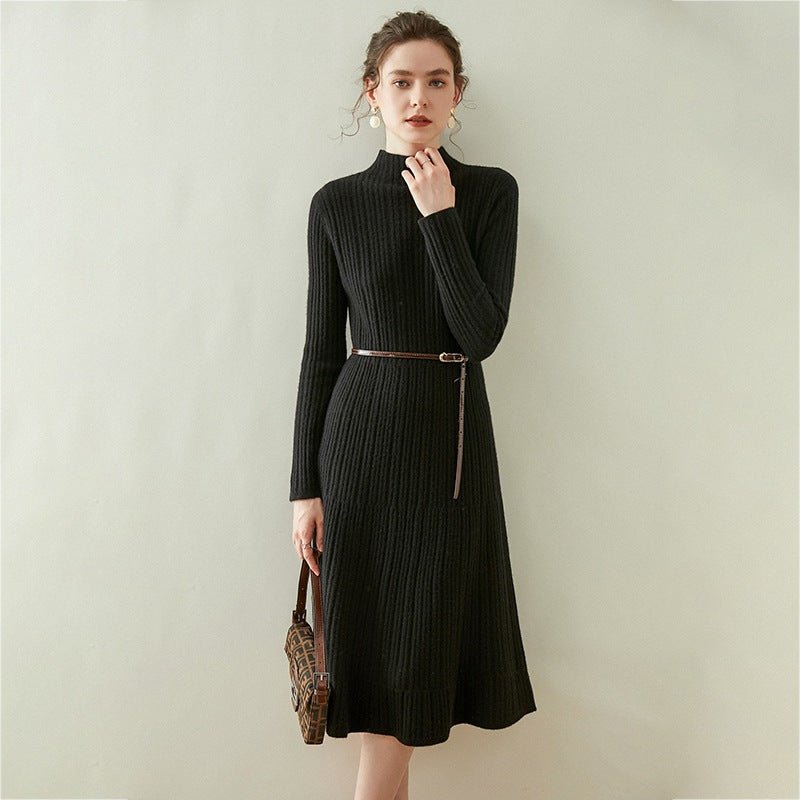 Womens Mock Neck Long Sleeve Ribbed Knit Cashmere Midi Dress