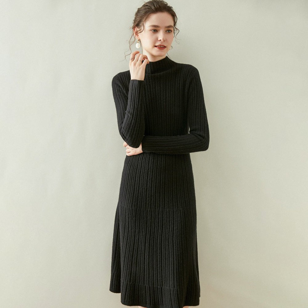 Womens Mock Neck Long Sleeve Ribbed Knit Cashmere Midi Dress