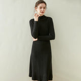 Womens Mock Neck Long Sleeve Ribbed Knit Cashmere Midi Dress