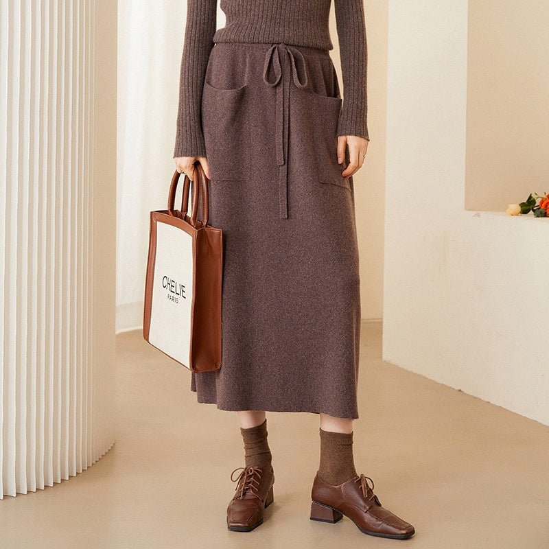 Women Long Pure Cashmere Knit Midi Skirt With Pockets Drawstring Waist