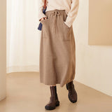 Women Long Pure Cashmere Knit Midi Skirt With Pockets Drawstring Waist