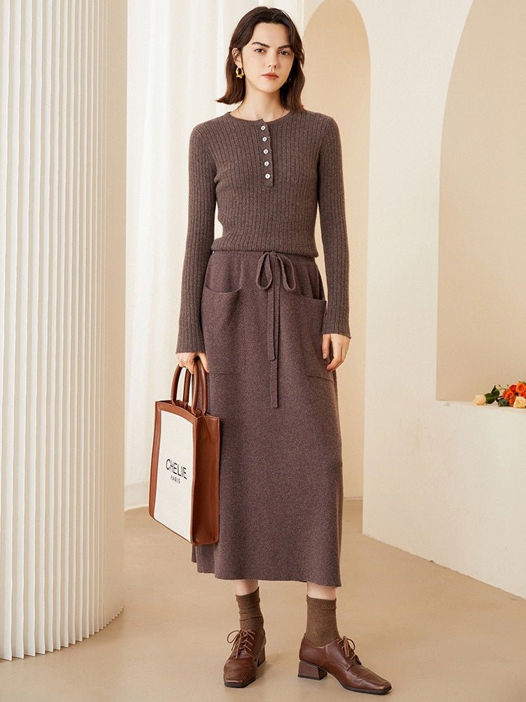 Women Long Pure Cashmere Knit Midi Skirt With Pockets Drawstring Waist