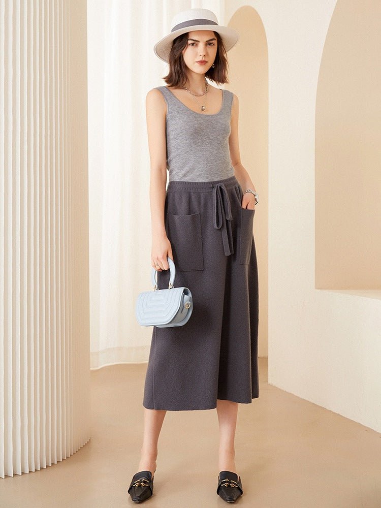 Women Long Pure Cashmere Knit Midi Skirt With Pockets Drawstring Waist